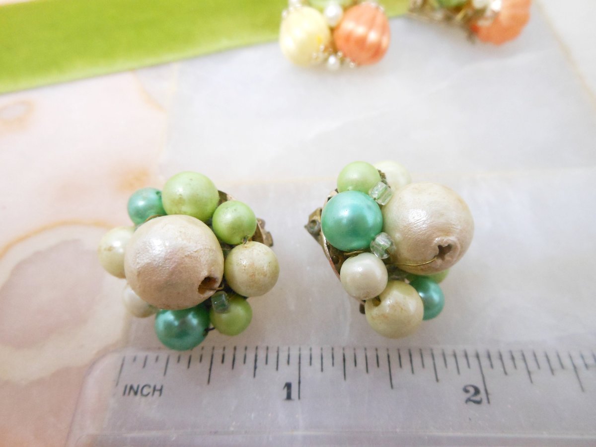 Vintage Cluster Earrings LOT 3 Clip On Pastel Pink Bead Japan Hong Kong Faux Pearl Green Spring Colors Jewelry Mid Century, VivianJoel.com