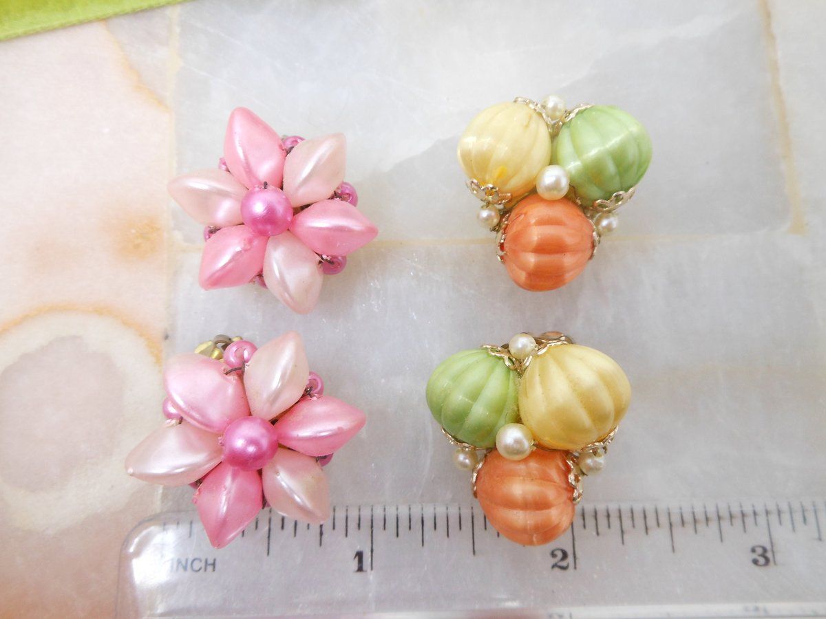 Vintage Cluster Earrings LOT 3 Clip On Pastel Pink Bead Japan Hong Kong Faux Pearl Green Spring Colors Jewelry Mid Century, VivianJoel.com