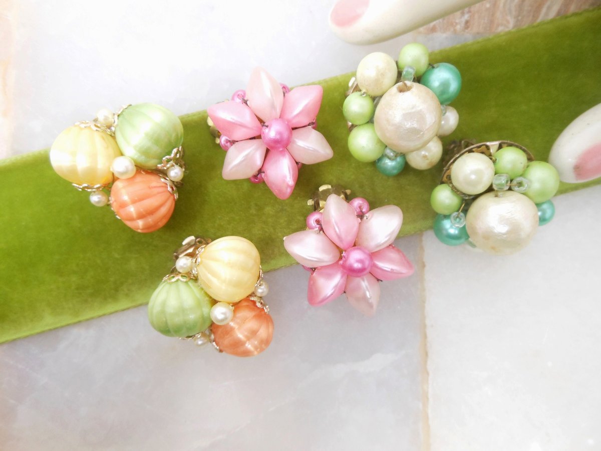 Vintage Cluster Earrings LOT 3 Clip On Pastel Pink Bead Japan Hong Kong Faux Pearl Green Spring Colors Jewelry Mid Century, VivianJoel.com