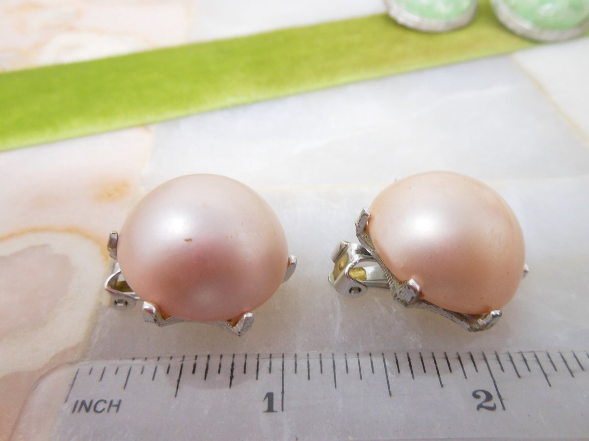 Vintage CORO LOT 2 Earrings Clip On Chunky Pink Green Designer Jewelry Mid Century, VivianJoel.com