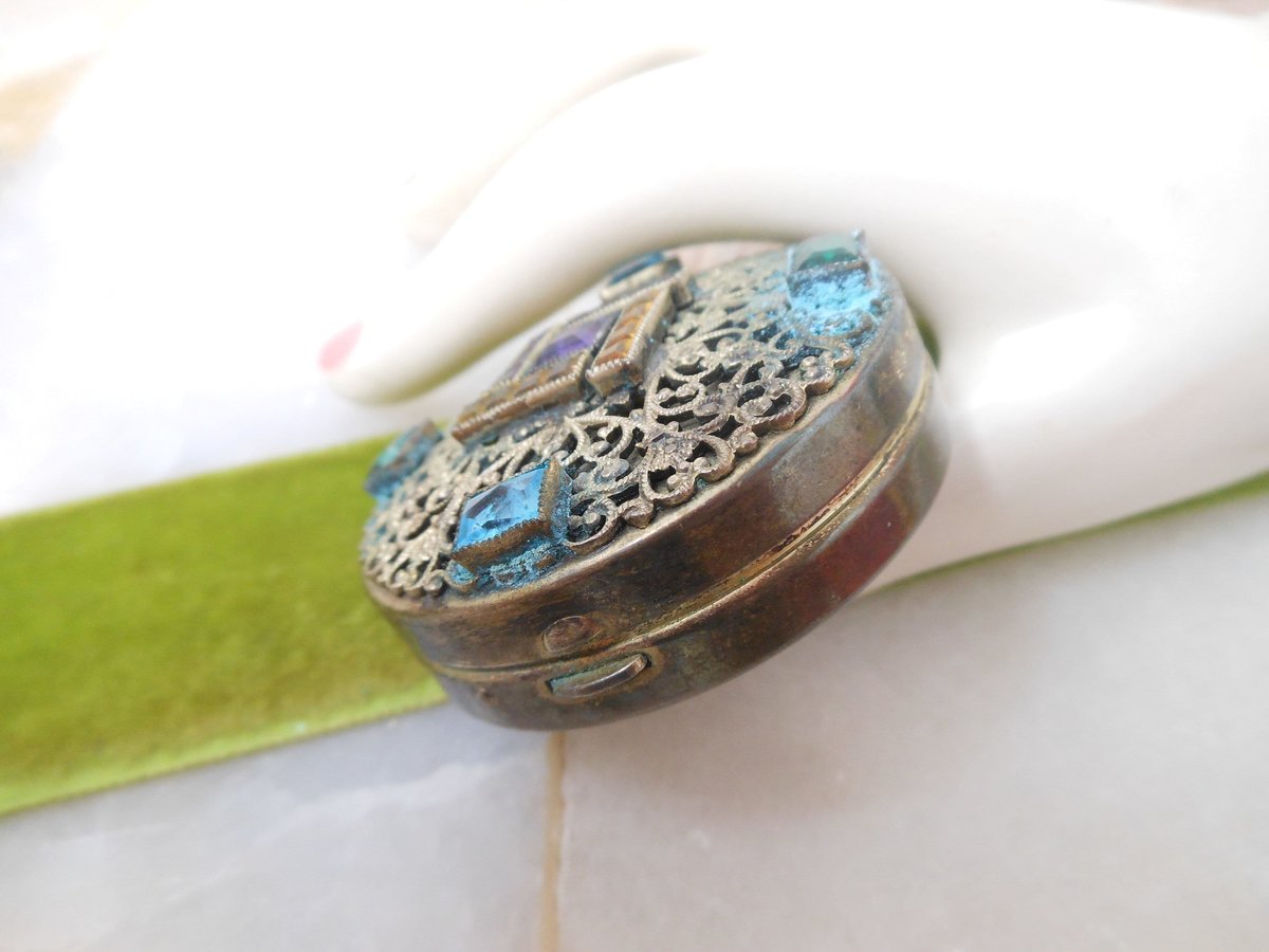 Vintage Antique NAPIER Powder Purse Vanity Mirror Compact Rouge Art Deco Crystal Pill Box Palm Beach, VivianJoel.com