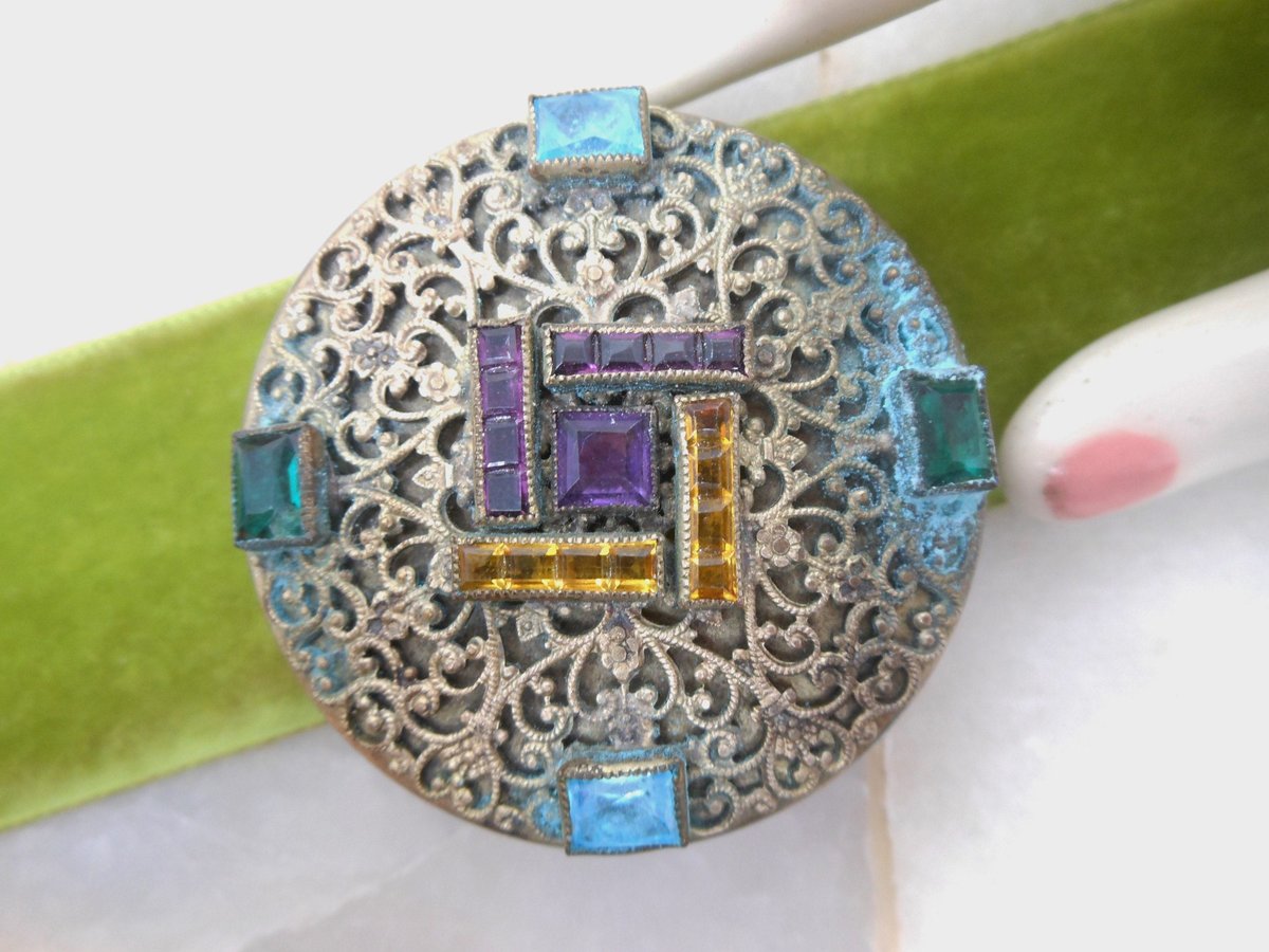 Vintage Antique NAPIER Powder Purse Vanity Mirror Compact Rouge Art Deco Crystal Pill Box Palm Beach, VivianJoel.com