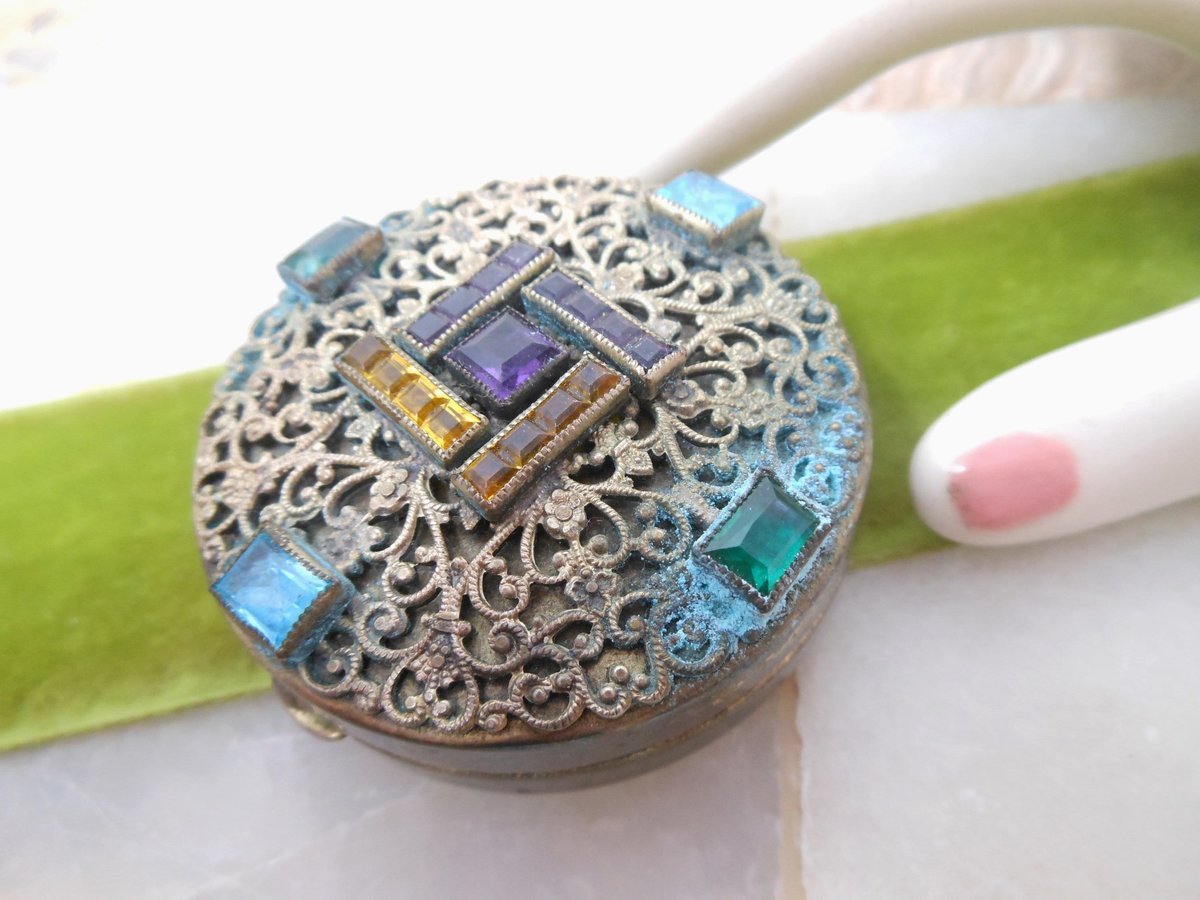 Vintage Antique NAPIER Powder Purse Vanity Mirror Compact Rouge Art Deco Crystal Pill Box Palm Beach, VivianJoel.com