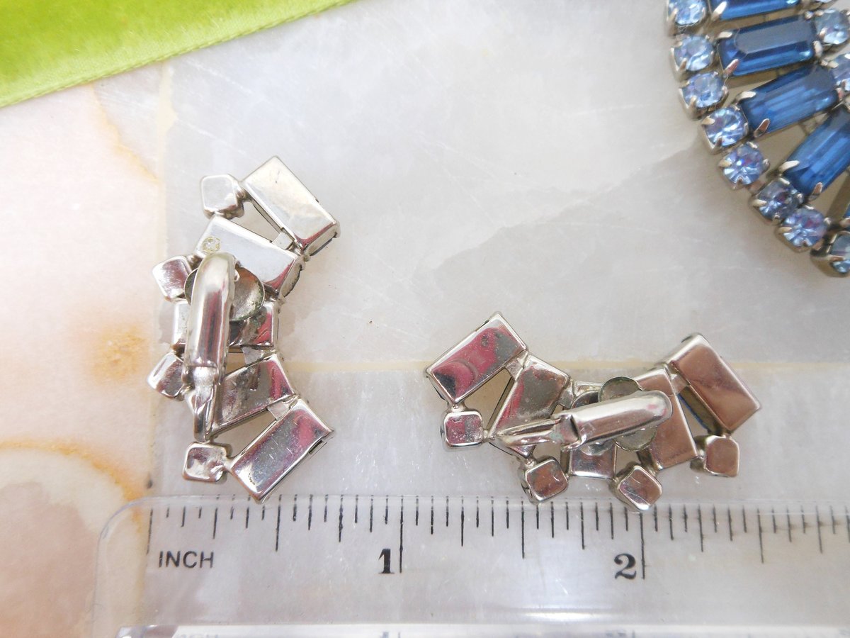 Vintage Blue Rhinestone Necklace Earrings Set Demi Parure Mid Century Regency Renaissance Revival Jewelry Gift, VivianJoel.com