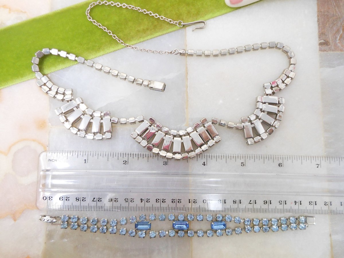 Vintage Blue Rhinestone Necklace Earrings Set Demi Parure Mid Century Regency Renaissance Revival Jewelry Gift, VivianJoel.com