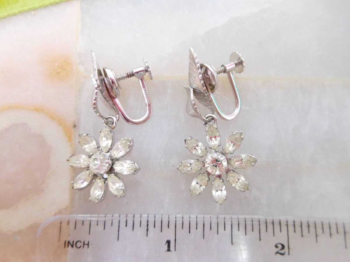 Vintage KREMENTZ Earrings Crystal Flower Designer Screw Back Gold Overlay Daisy Dangle Drop Original Box Mid Century Jewelry, VivianJoel.com