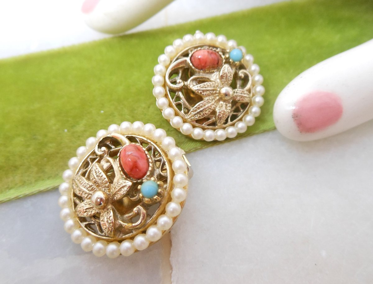 Vintage Peking Glass Earrings Clip On Victorian Revival Etruscan Pearl Turquoise Flower Mid Century Jewelry Gift, VivianJoel.com