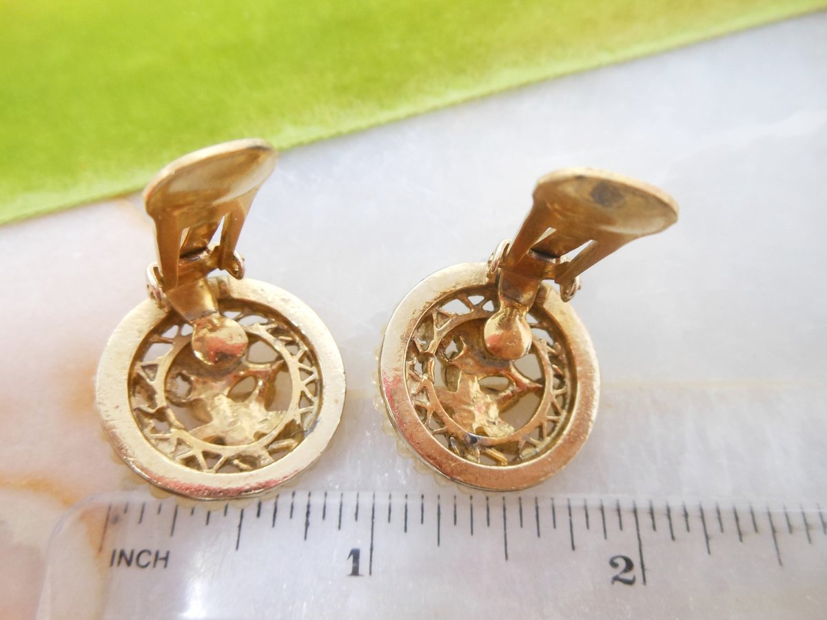 Vintage Peking Glass Earrings Clip On Victorian Revival Etruscan Pearl Turquoise Flower Mid Century Jewelry Gift, VivianJoel.com