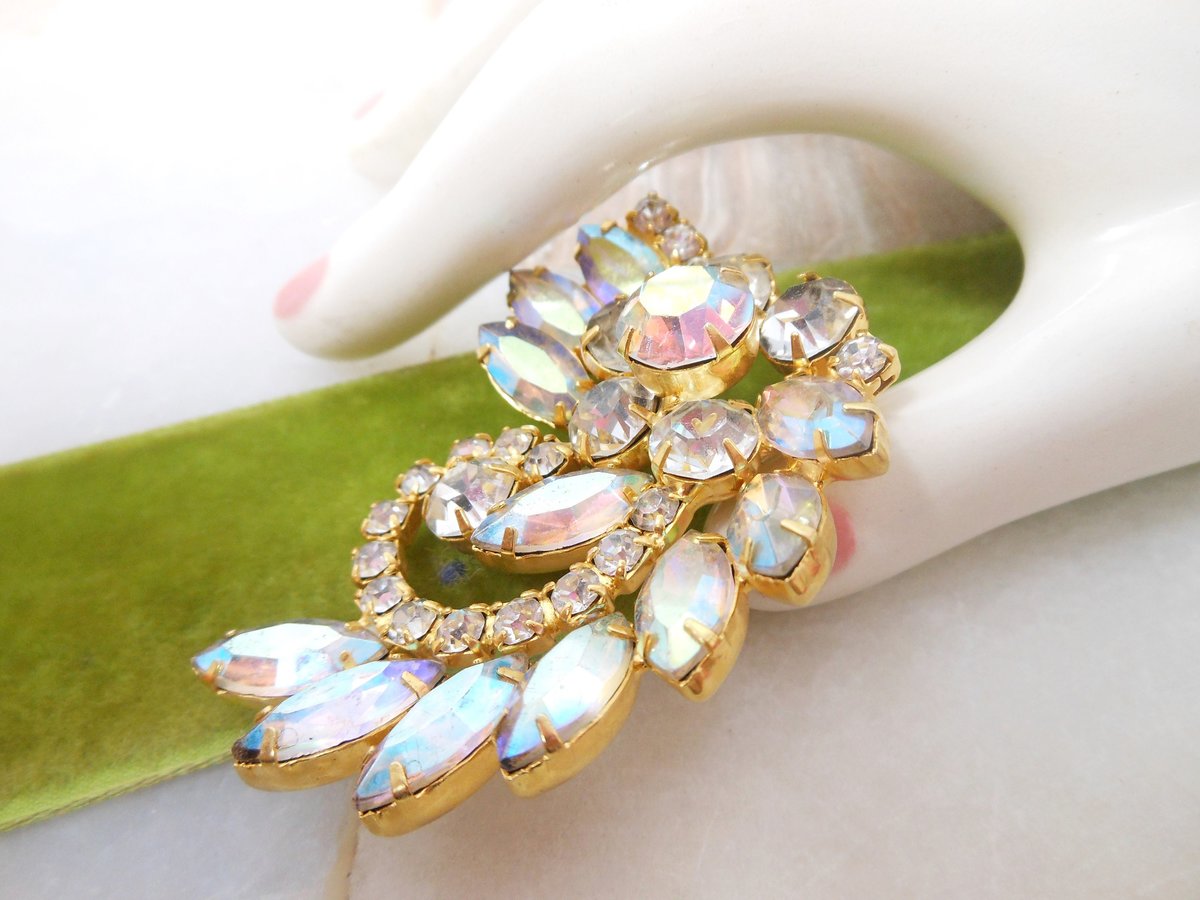 Vintage Aurora Borealis Flower Pin Brooch Rhinestone Regency Renaissance Revival Mid Century Jewelry Gift, VivianJoel.com