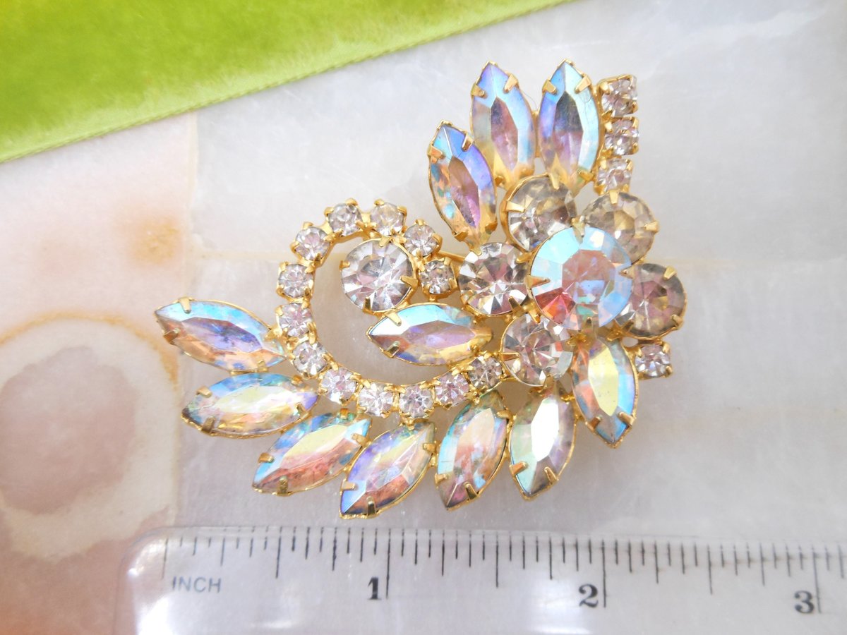 Vintage Aurora Borealis Flower Pin Brooch Rhinestone Regency Renaissance Revival Mid Century Jewelry Gift, VivianJoel.com