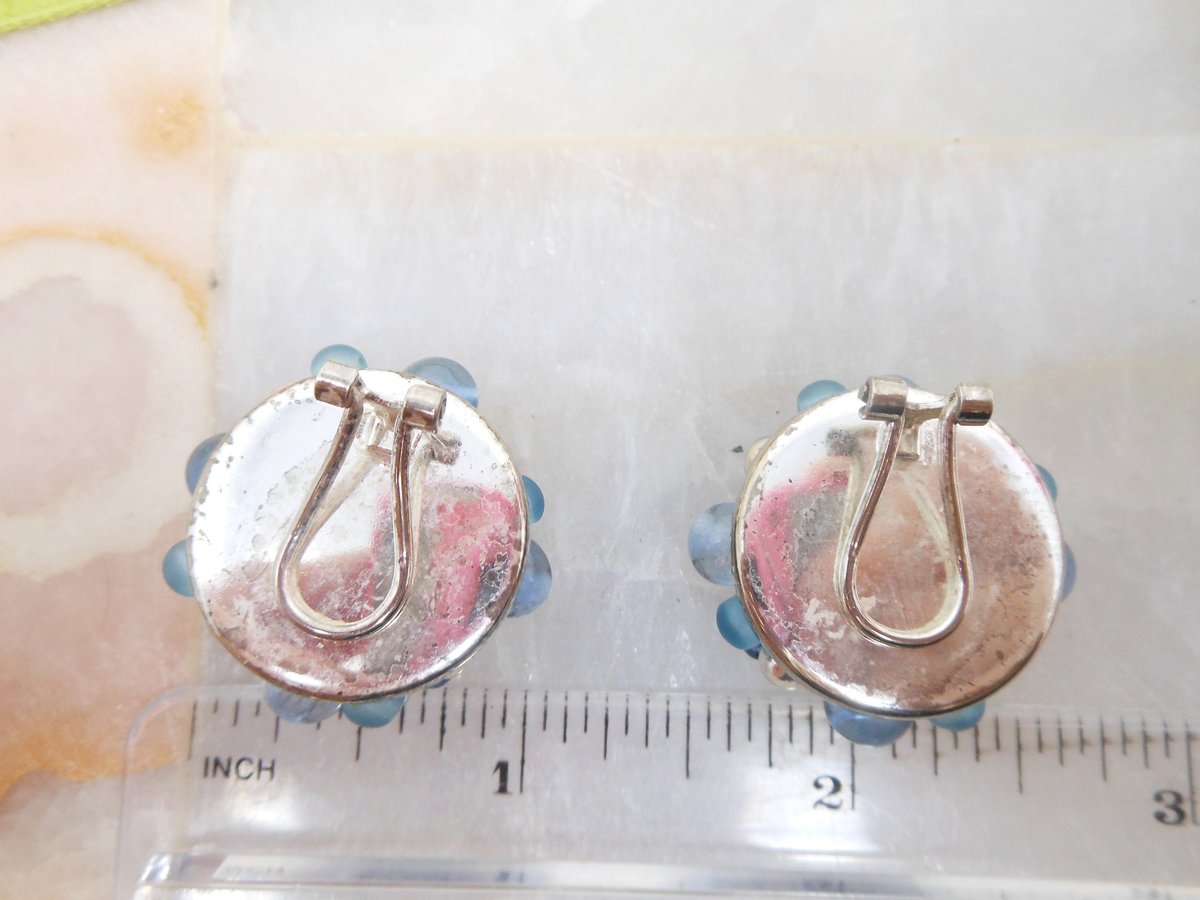 Vintage Blue Glass Bead Cluster Earrings Clip On Regency Revival 50s Glam Jewelry Gift Mid Century, VivianJoel.com