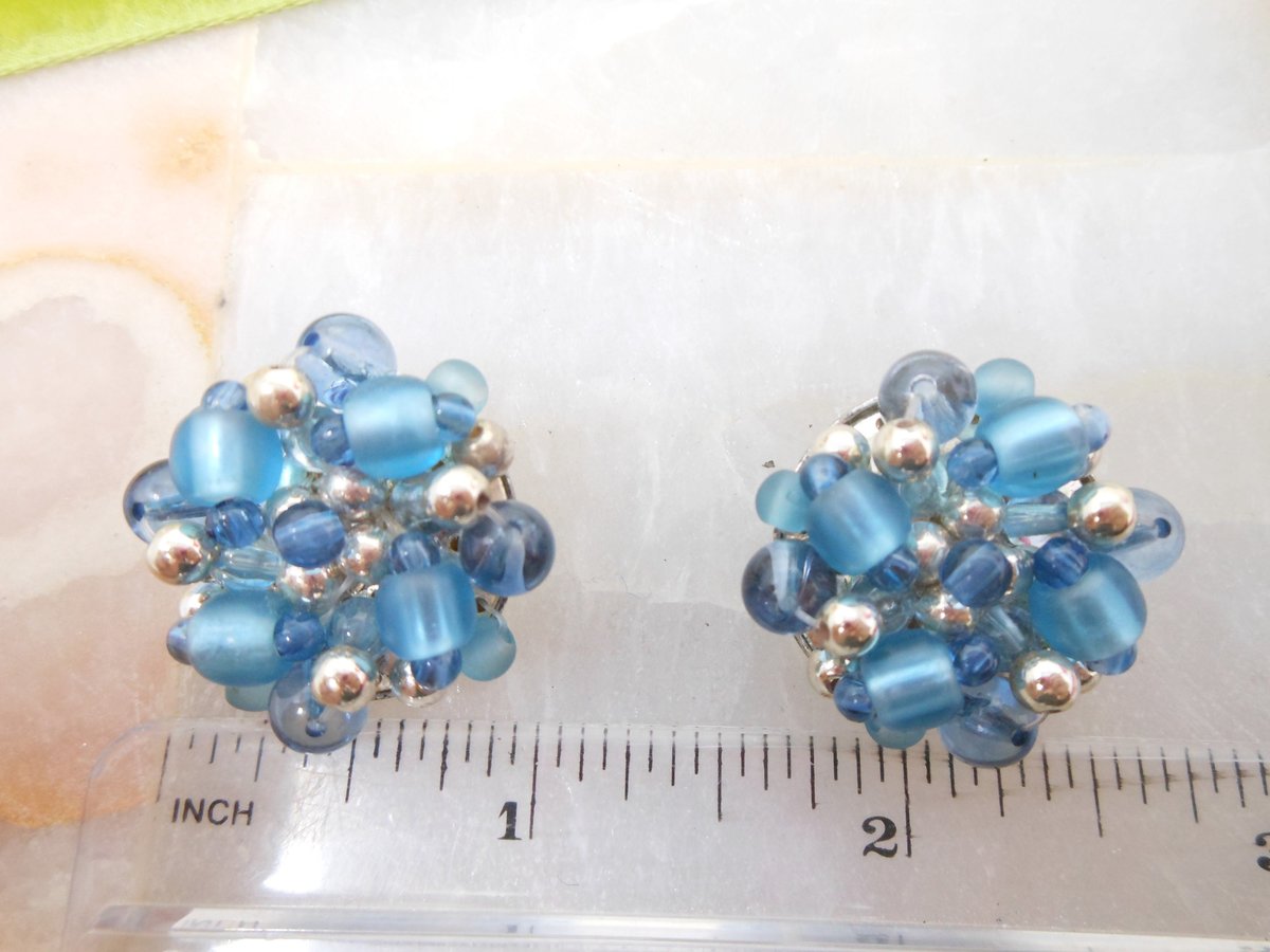 Vintage Blue Glass Bead Cluster Earrings Clip On Regency Revival 50s Glam Jewelry Gift Mid Century, VivianJoel.com