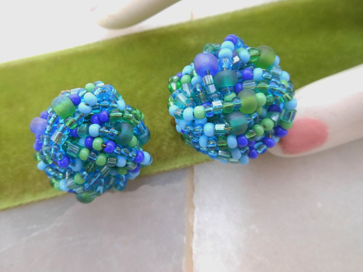Vintage Blue Glass Earrings Seed Bead Cluster Clip On Regency Revival 50s Glam Jewelry Gift Mid Century, VivianJoel.com