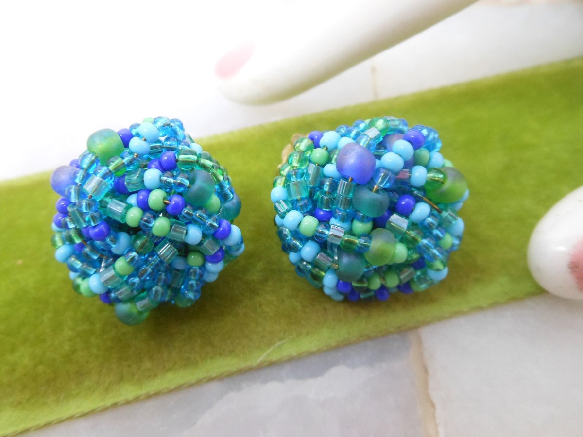 Vintage Blue Glass Earrings Seed Bead Cluster Clip On Regency Revival 50s Glam Jewelry Gift Mid Century, VivianJoel.com