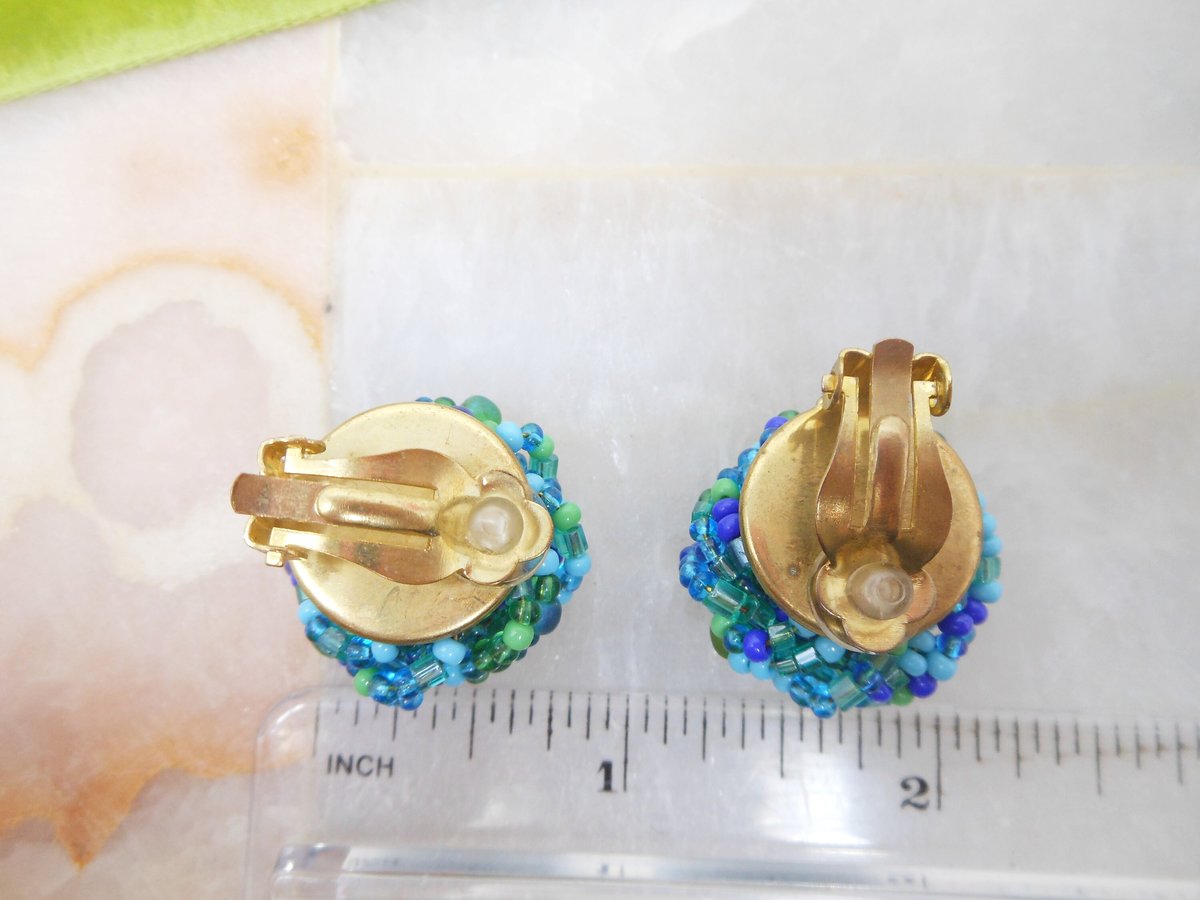 Vintage Blue Glass Earrings Seed Bead Cluster Clip On Regency Revival 50s Glam Jewelry Gift Mid Century, VivianJoel.com