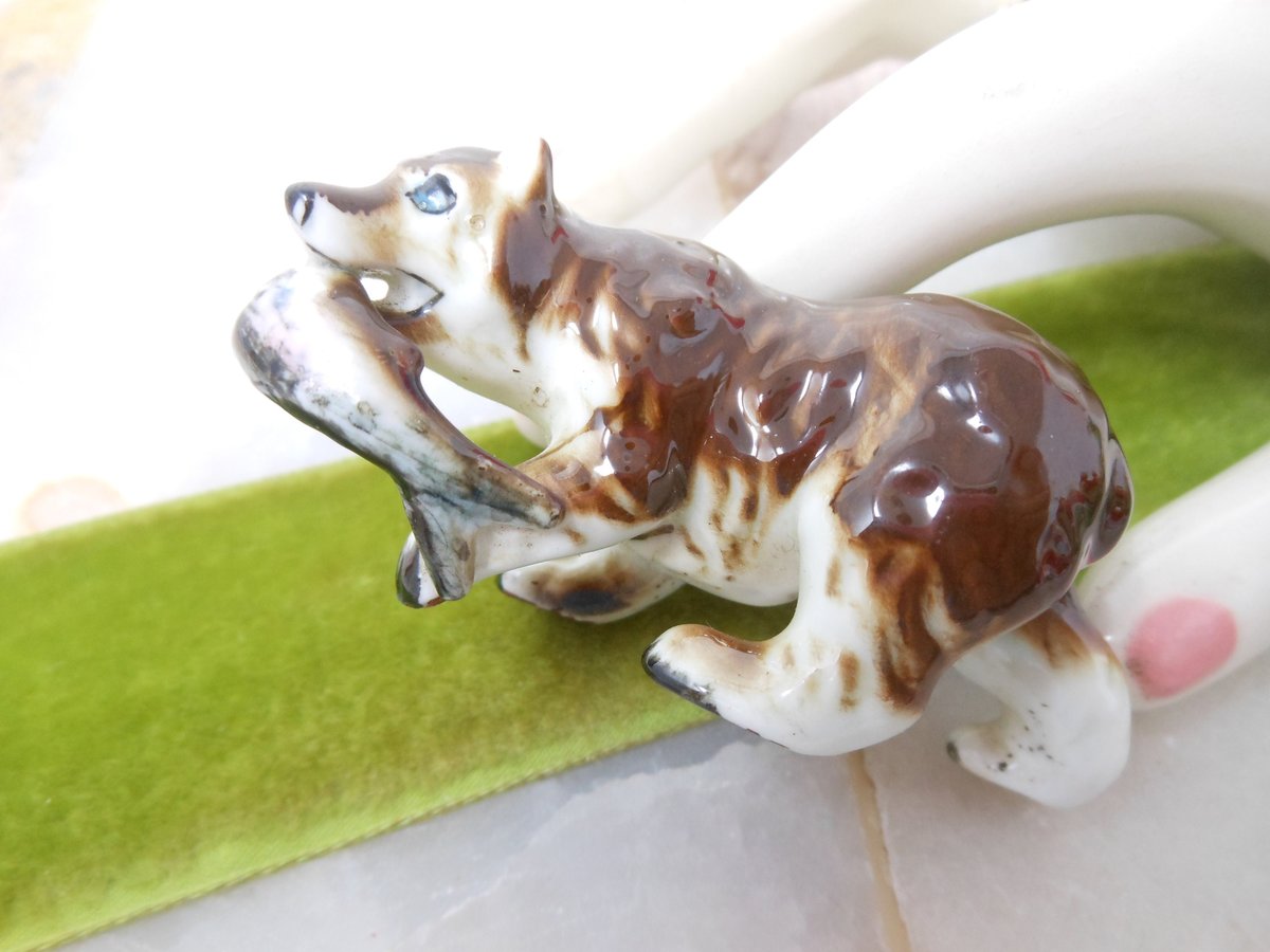 Vintage LOT 3 Miniature Bear Redware with Trout Fish Ceramic Porcelain Bone China Mini Figurine Mid Century Gift, VivianJoel.com