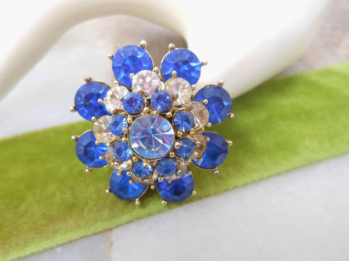 Vintage Chunky Big Ring Sapphire Blue Crystal Ring Party Cocktail Costume Statement Jewelry Gift Size 8,  VivianJoel.com