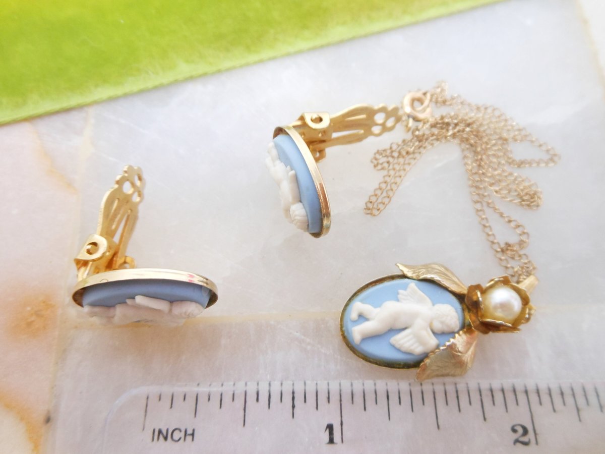 Vintage Cameo Blue Pendant Necklace Earrings Set Jasper Wedgewood Plastic Angel Gold Fill Chain Jewelry Mid Century Gift, VivianJoel.com