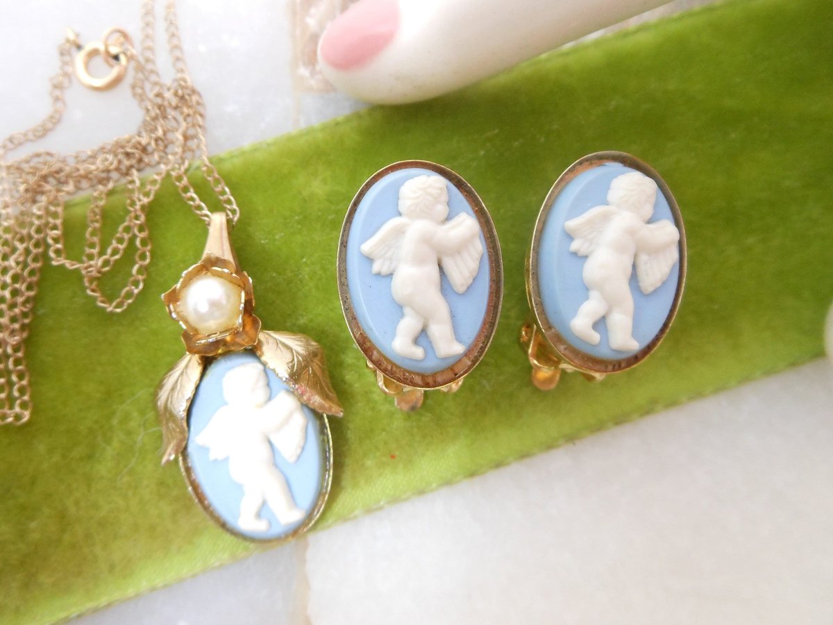 Vintage Cameo Blue Pendant Necklace Earrings Set Jasper Wedgewood Plastic Angel Gold Fill Chain Jewelry Mid Century Gift, VivianJoel.com