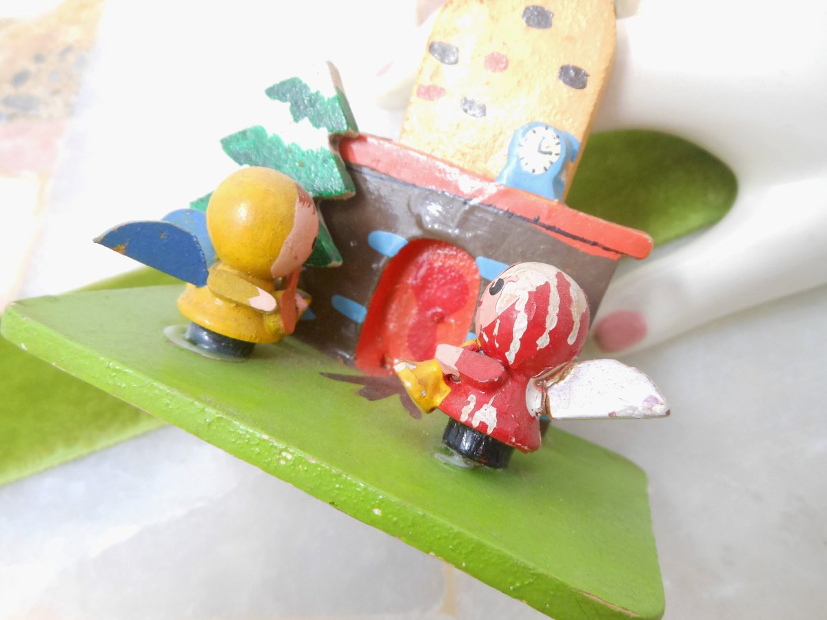 Vintage Christmas Diorama Wood Angel Fireplace Tree Handpaint JAPAN Mid Century *as is*, VivianJoel.com