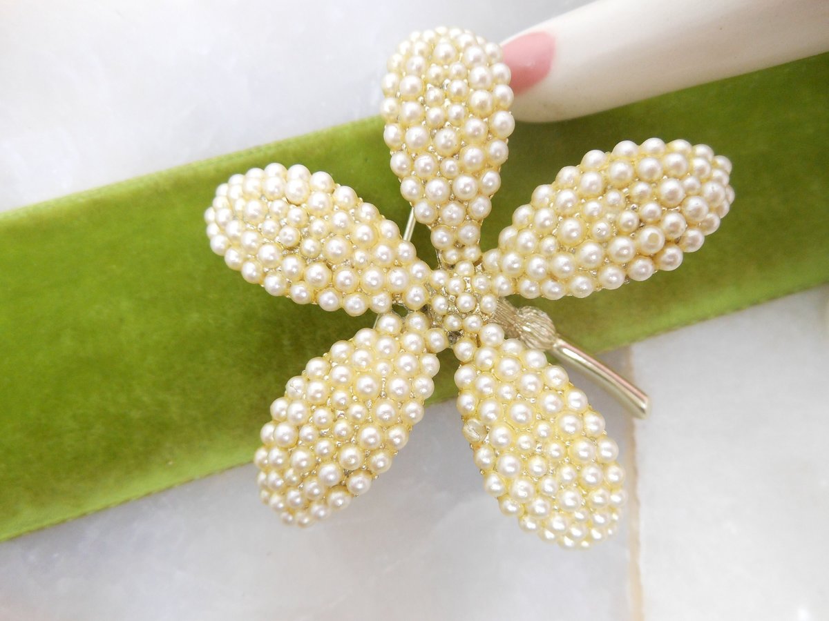 Vintage BSK Designer Brooch Orchid Flower Pin Corsage Seed Pearl Wedding Mid Century Jewelry Gift, VivianJoel.com