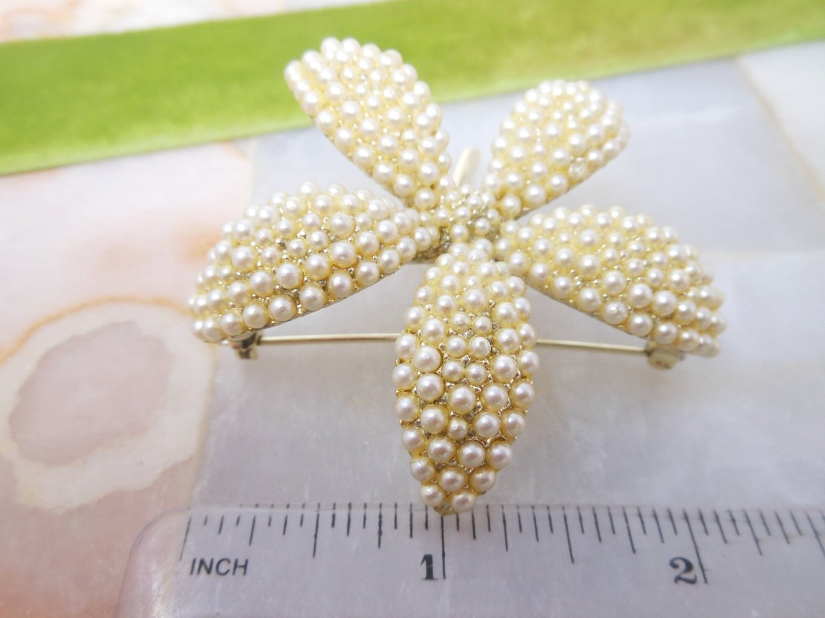 Vintage BSK Designer Brooch Orchid Flower Pin Corsage Seed Pearl Wedding Mid Century Jewelry Gift, VivianJoel.com