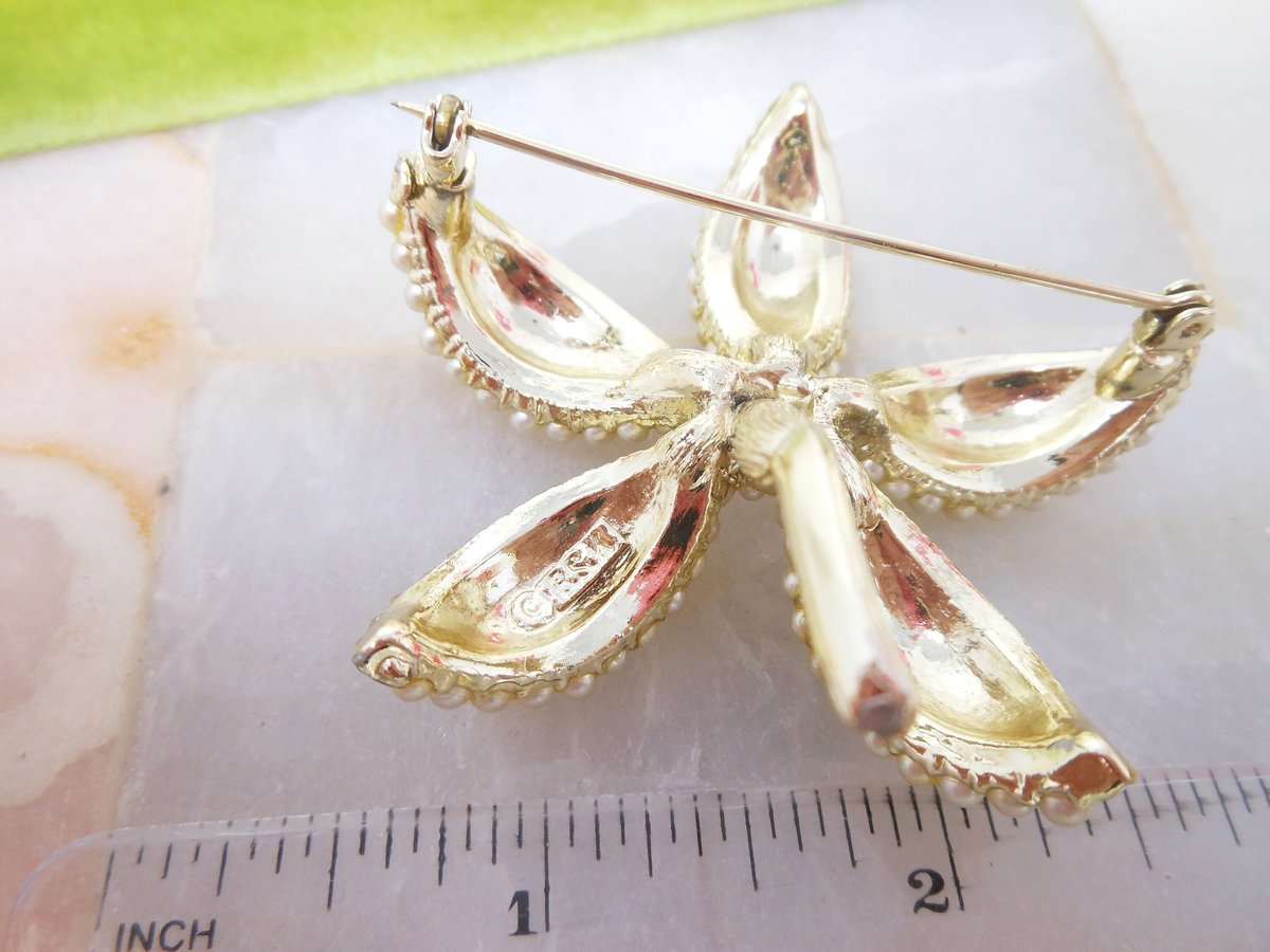 Vintage BSK Designer Brooch Orchid Flower Pin Corsage Seed Pearl Wedding Mid Century Jewelry Gift, VivianJoel.com