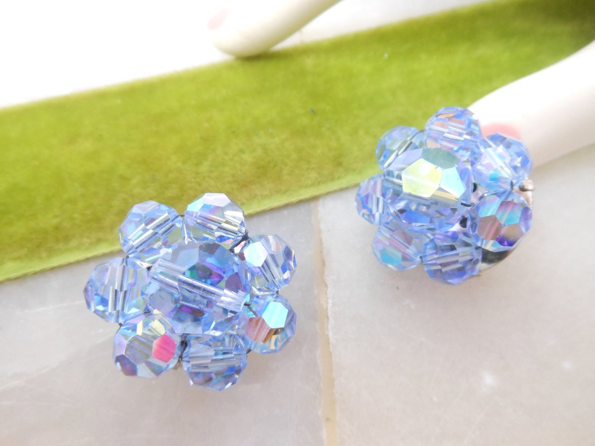 Vintage Blue Crystal Cluster Earrings Clip On Aurora Borealis Bead Prom Party Glam Mid Century Jewelry Gift, VivianJoel.com
