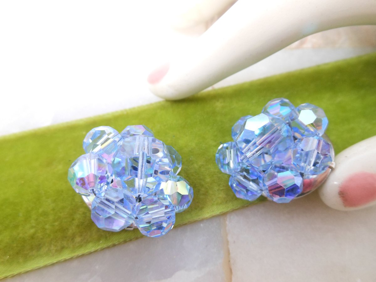 Vintage Blue Crystal Cluster Earrings Clip On Aurora Borealis Bead Prom Party Glam Mid Century Jewelry Gift, VivianJoel.com