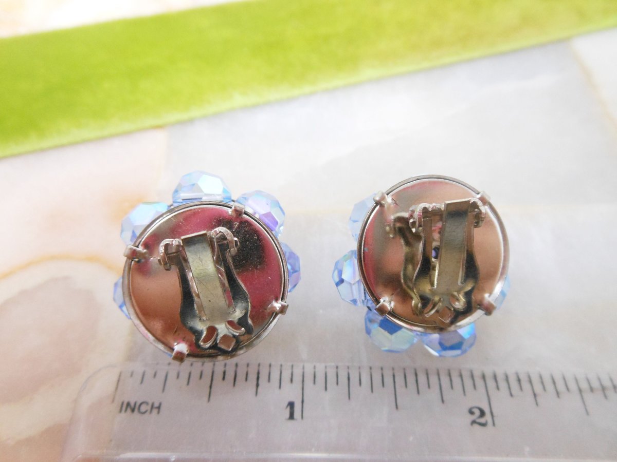 Vintage Blue Crystal Cluster Earrings Clip On Aurora Borealis Bead Prom Party Glam Mid Century Jewelry Gift, VivianJoel.com