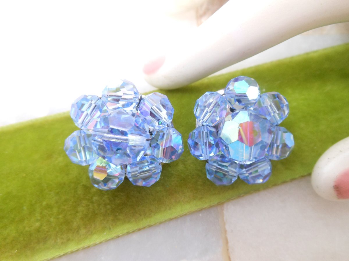 Vintage Blue Crystal Cluster Earrings Clip On Aurora Borealis Bead Prom Party Glam Mid Century Jewelry Gift, VivianJoel.com