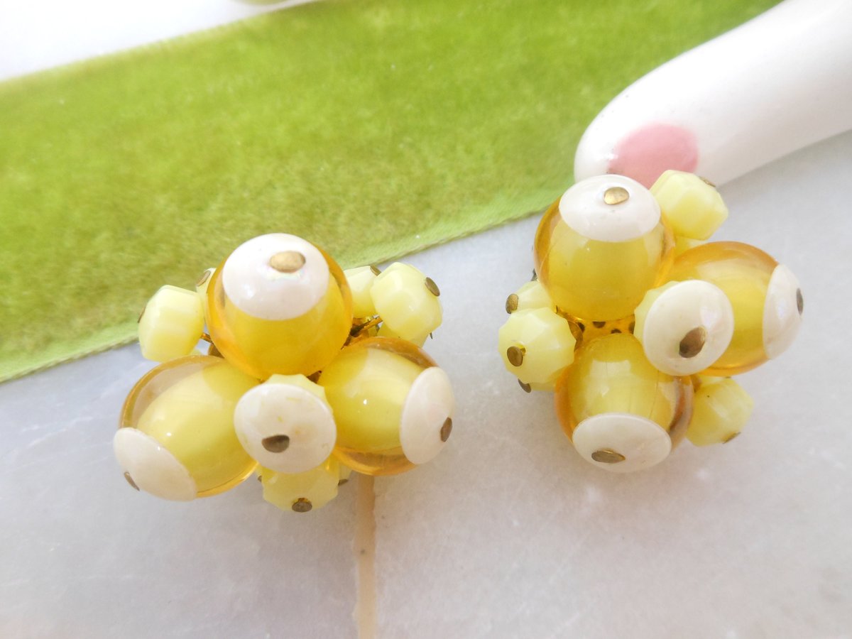 Vintage GERMANY Yellow Earrings Cluster Bead Clip On Plastic Retro Kitsch Mid Century Jewelry Gift,  VivianJoel.com