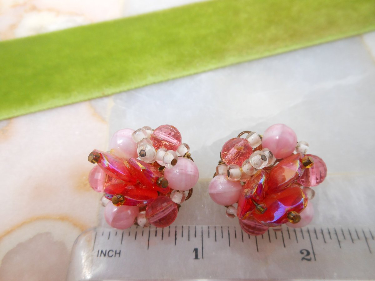 Vintage Pink Glass Earrings Cluster Clip On Aurora Borealis Bead Prom Party Glam Mid Century Jewelry Gift, VivianJoel.com
