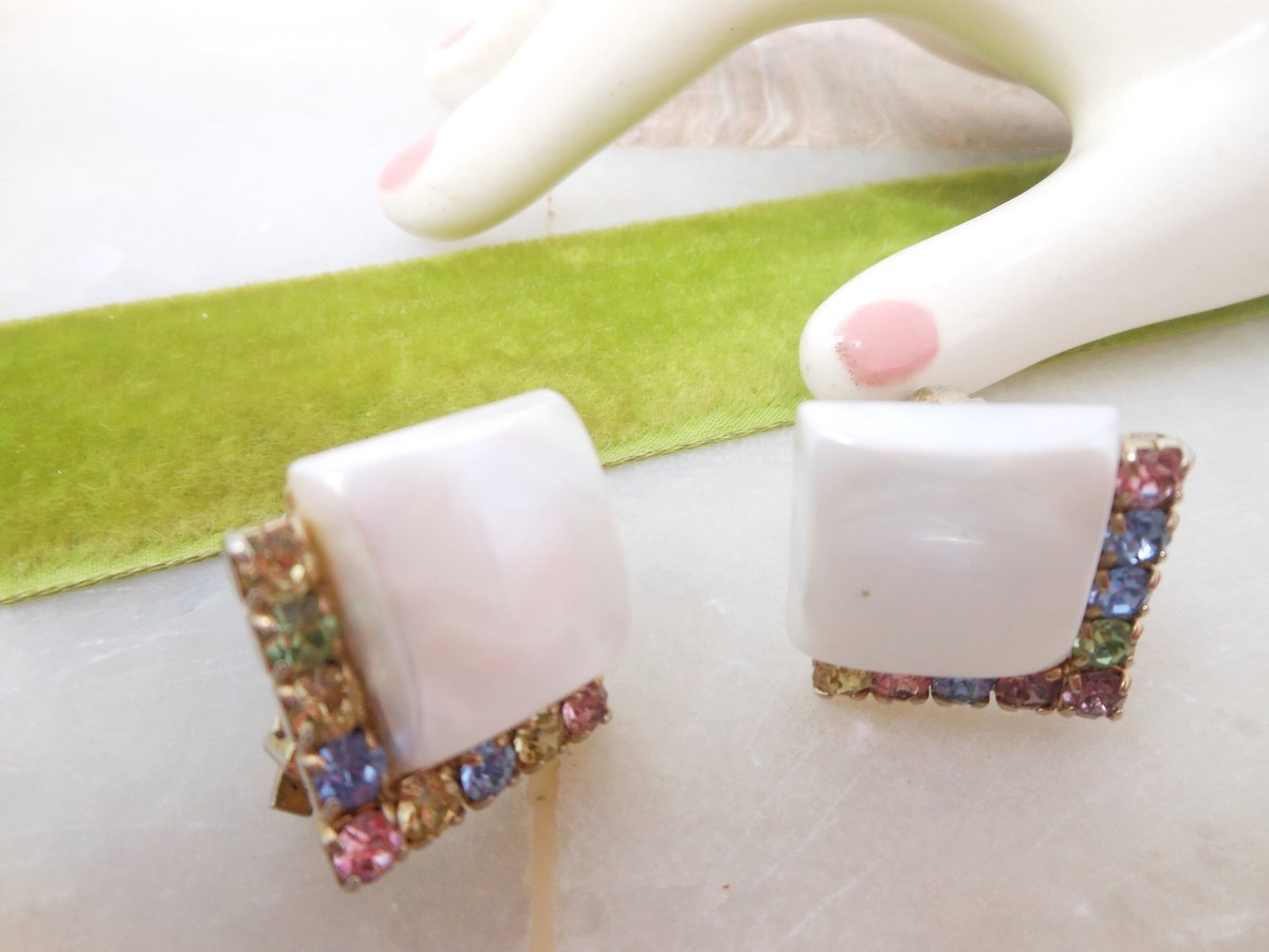 Vintage Pastel Rhinestone Earrings Pearly White Moonglow Plastic Mod Disco Jewelry Gift Mid Century, VivianJoel.com
