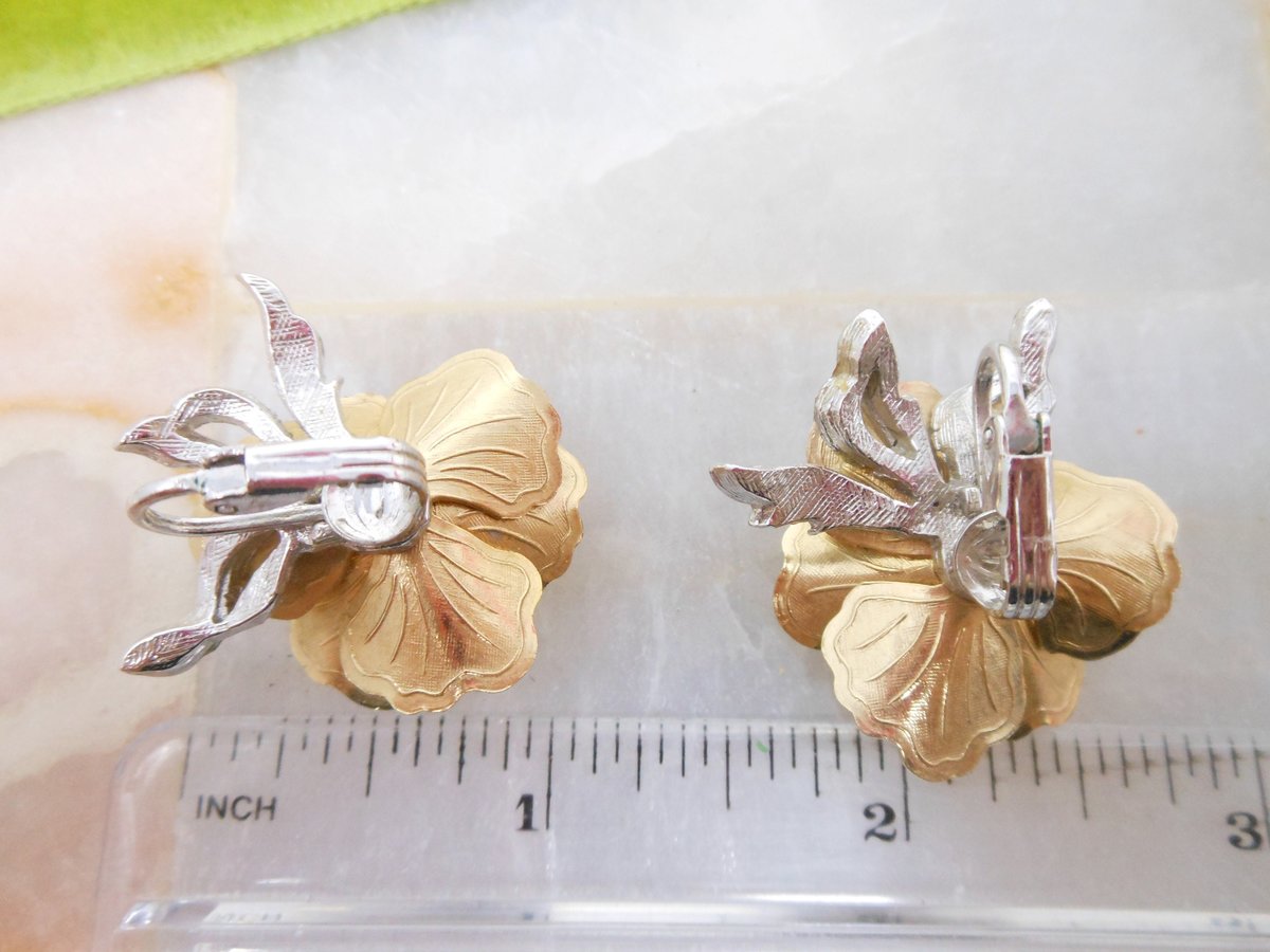 Vintage Rhinestone Earrings Clip On Layered Flower Blossom Clear Ice Wedding Mid Century Jewelry Gift, VivianJoel.com