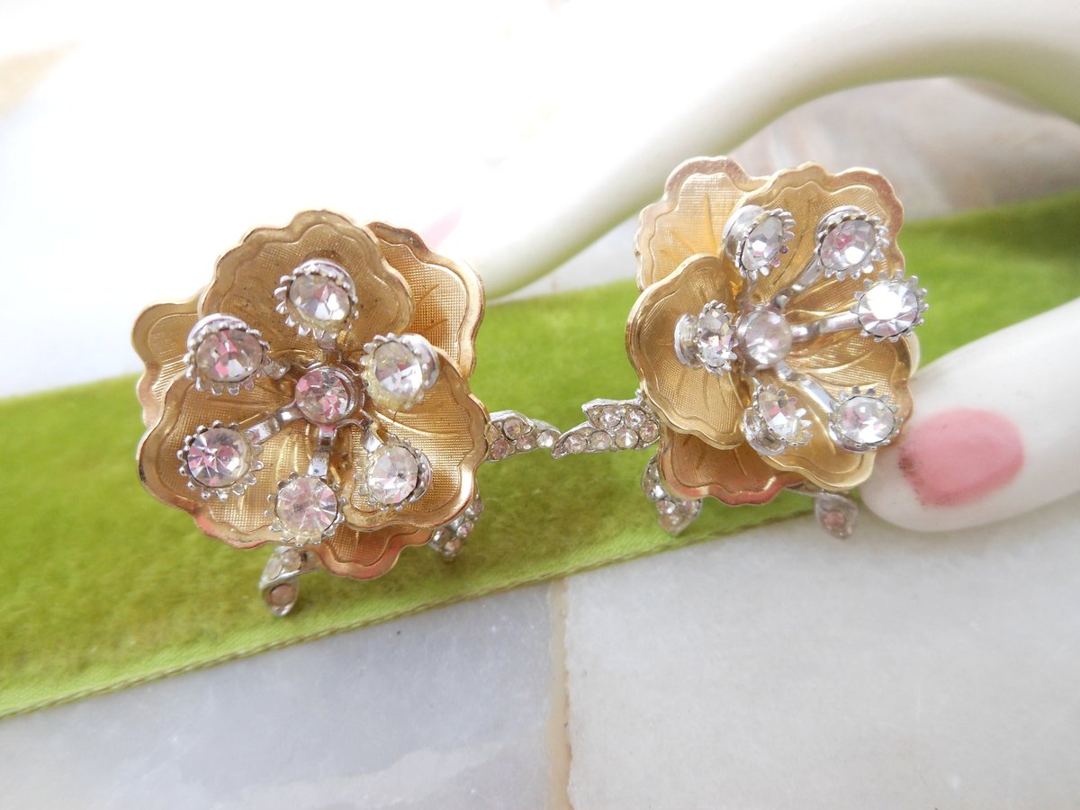 Vintage Rhinestone Earrings Clip On Layered Flower Blossom Clear Ice Wedding Mid Century Jewelry Gift, VivianJoel.com