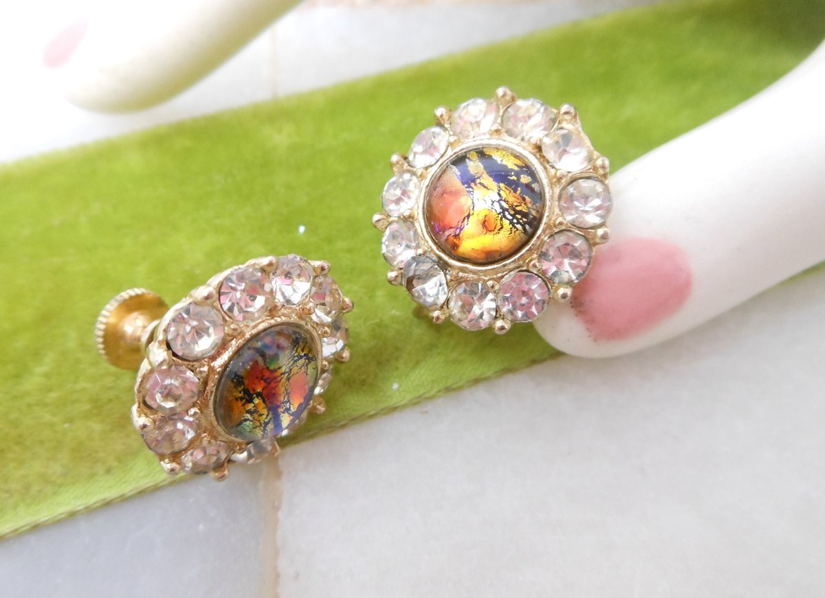 Vintage Opal Art Glass Earrings Screw Back Rhinestone Mid Century Renaissance Regency Revival Jewelry Gift, VivianJoel.com