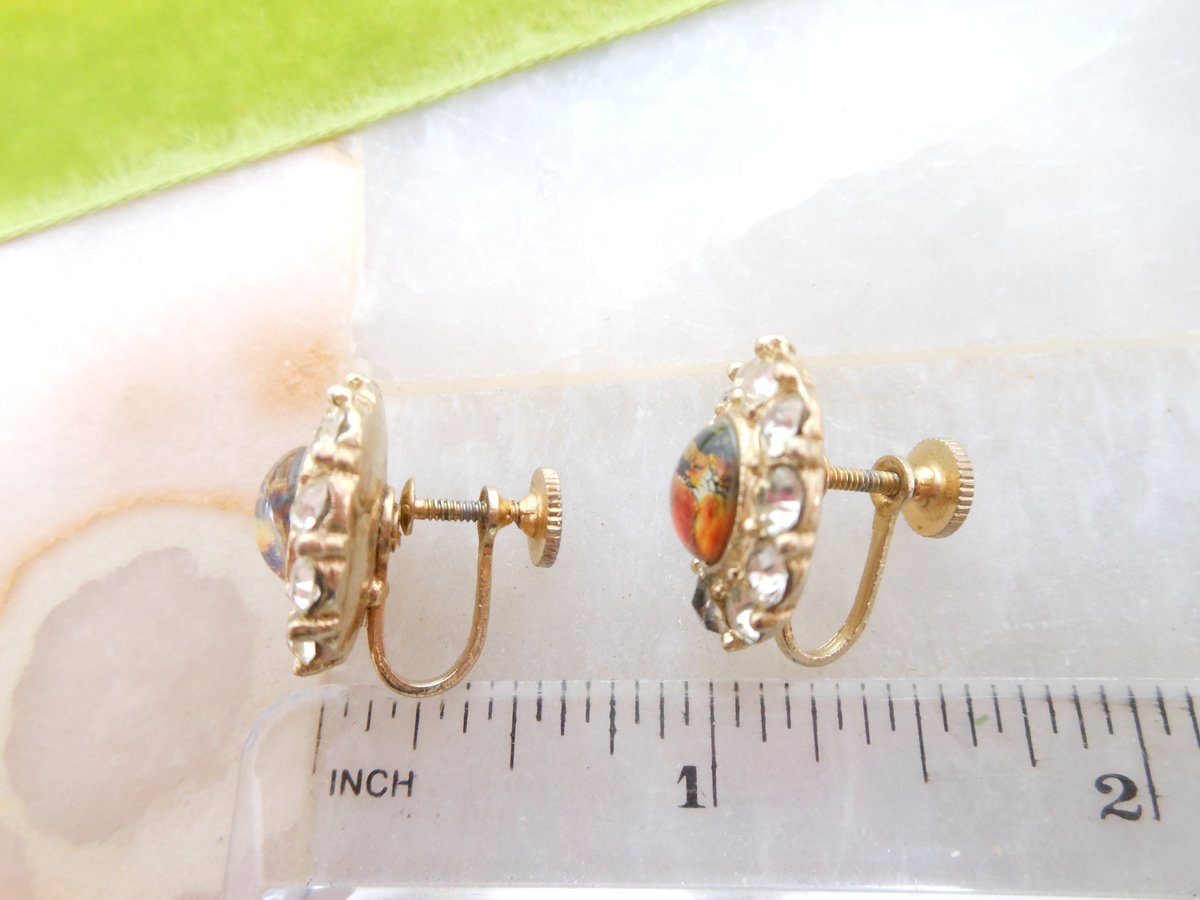 Vintage Opal Art Glass Earrings Screw Back Rhinestone Mid Century Renaissance Regency Revival Jewelry Gift, VivianJoel.com