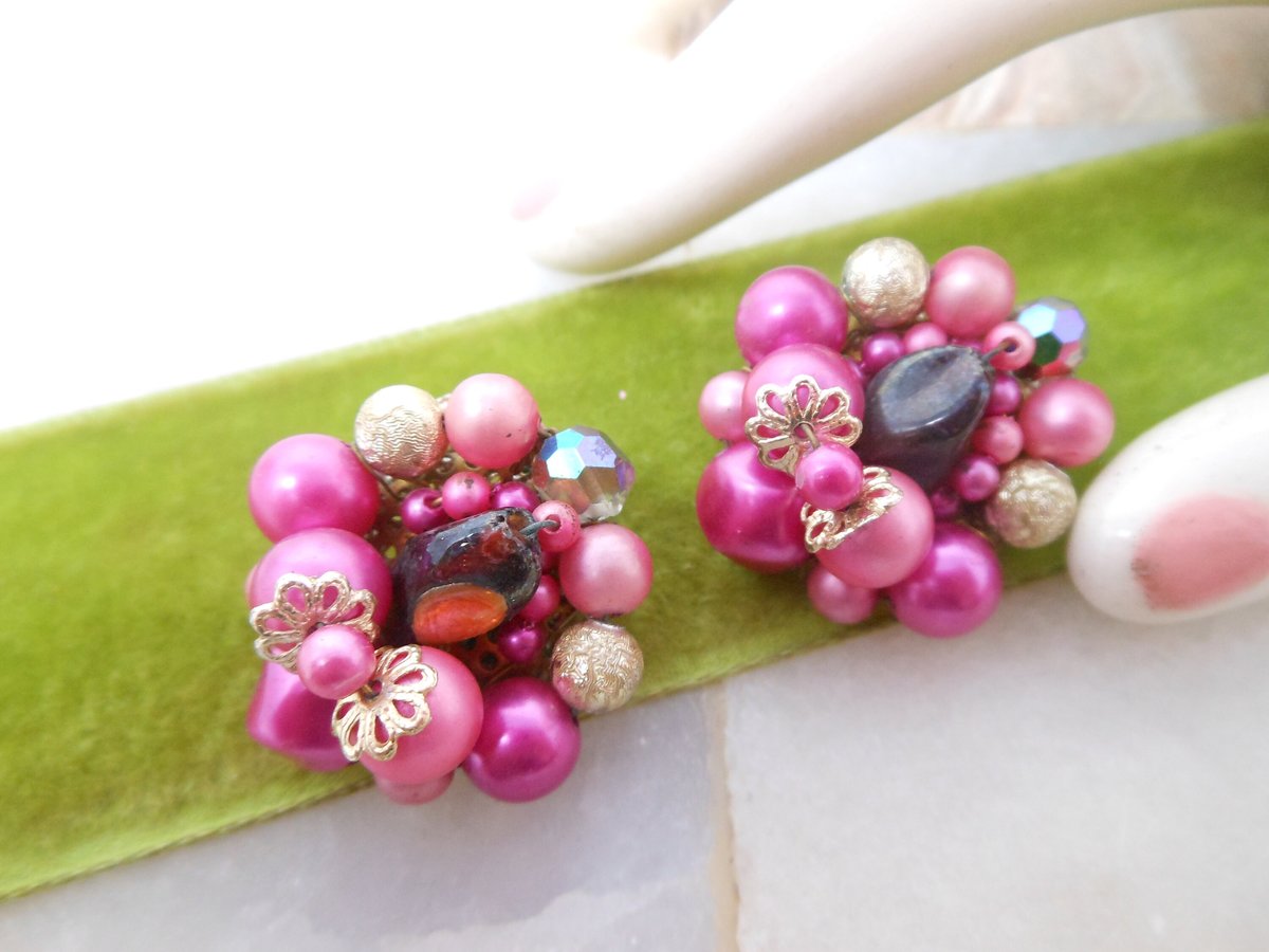 Vintage Pink Cluster Earrings Clip On Fuchsia Bead Plastic Glass Mid Century Jewelry Gift, VivianJoel.com