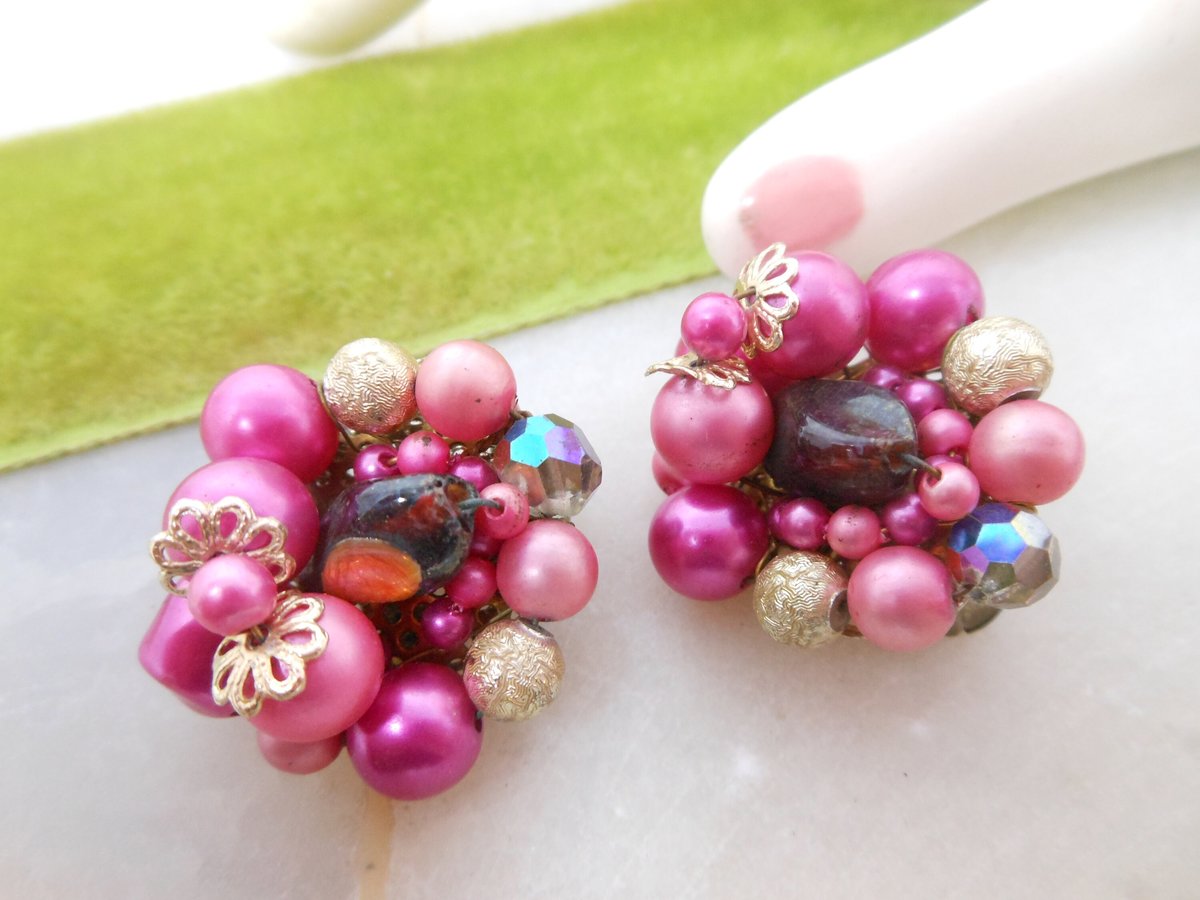 Vintage Pink Cluster Earrings Clip On Fuchsia Bead Plastic Glass Mid Century Jewelry Gift, VivianJoel.com