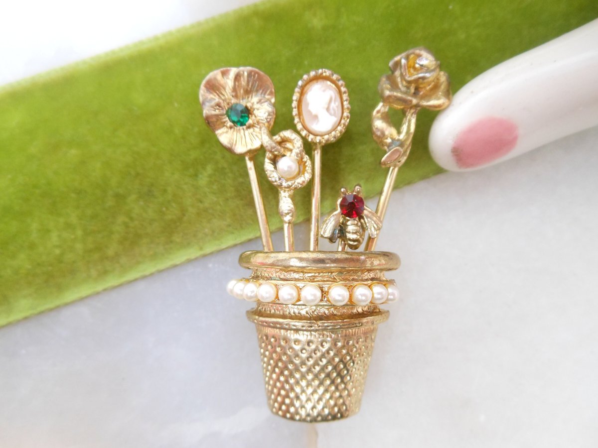 Vintage GOLDETTE Stick Pin Brooch Thimble Bouquet Cameo Bee Snake Ornate Victorian Revival Designer Mid Century Jewelry Gift, VivianJoel.com