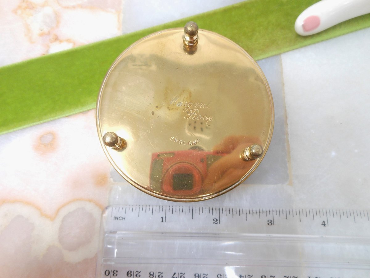 Vintage MARGARET ROSE England Trinket Jewelry Pill Box Enamel Bird Marcasite Brass Mid Century *as is*, VivianJoel.com