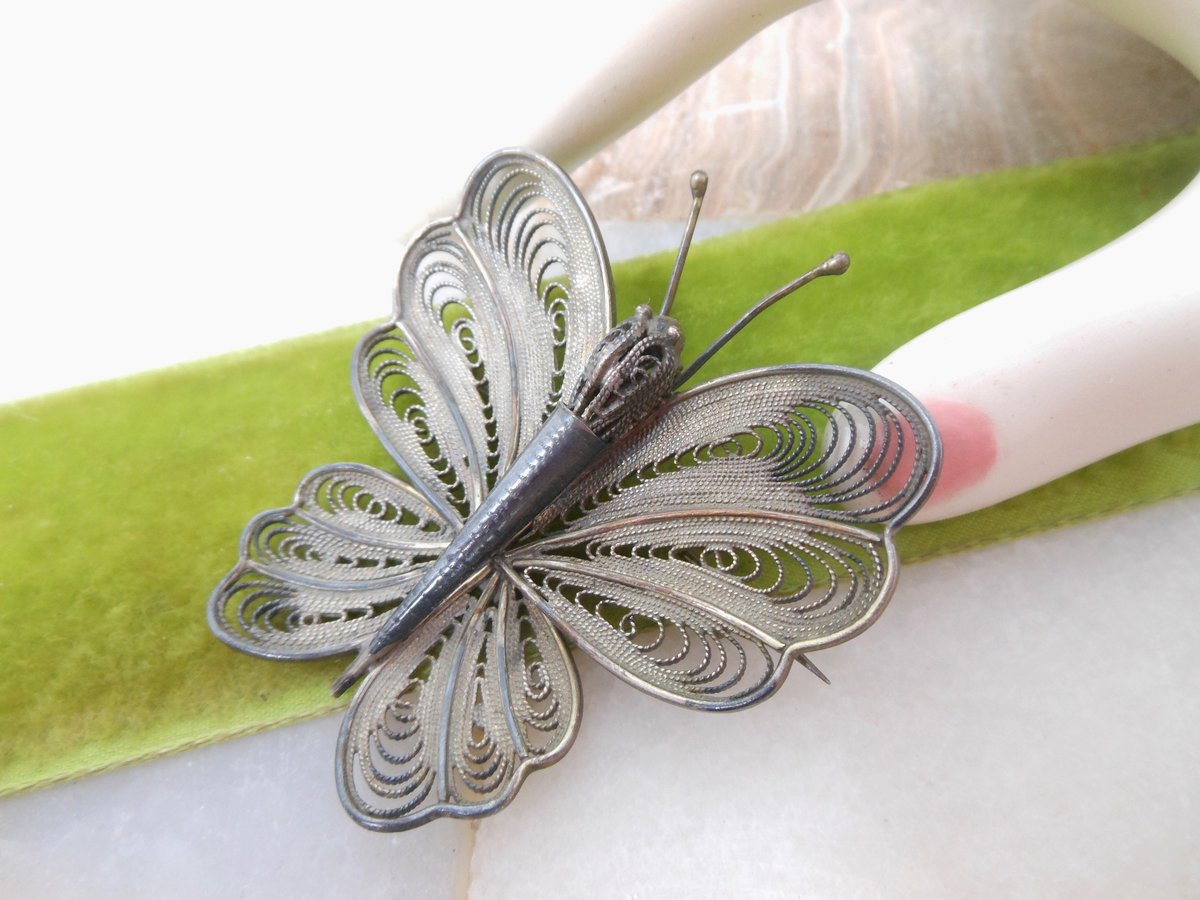 Vintage Cannetille Butterfly Moth Pin Brooch Insect Bug Ornate Silver Figural Mid Century Jewelry Gift, VivianJoel.com