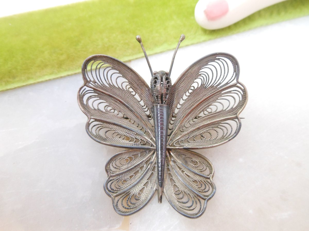 Vintage Cannetille Butterfly Moth Pin Brooch Insect Bug Ornate Silver Figural Mid Century Jewelry Gift, VivianJoel.com
