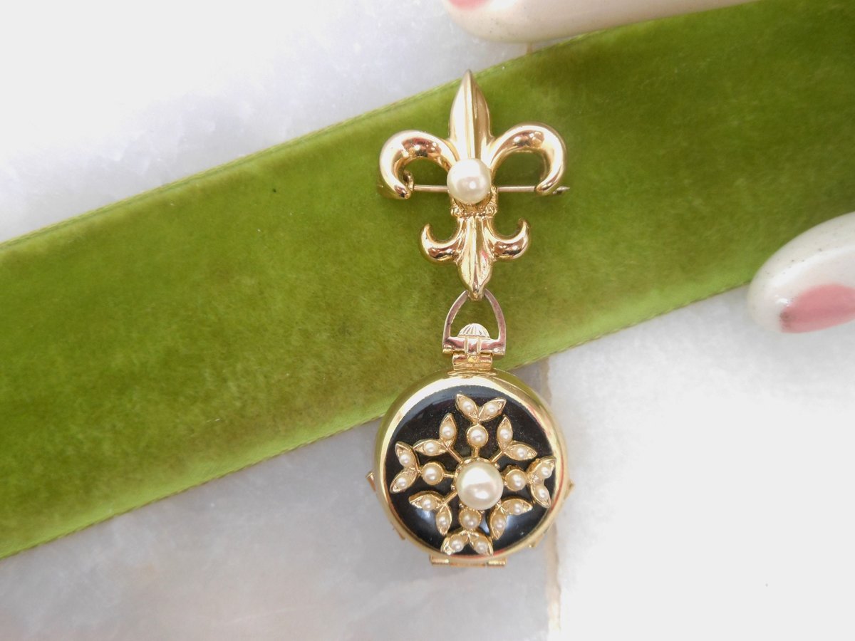 Vintage CORO Pegasus 4 Photo Locket Brooch Black Enamel Charm Fleur De Lis Pearl Mourning Pin Mid Century Jewelry Gift, VivianJoel.com