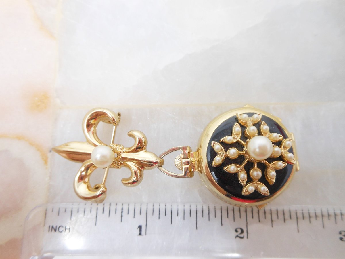 Vintage CORO Pegasus 4 Photo Locket Brooch Black Enamel Charm Fleur De Lis Pearl Mourning Pin Mid Century Jewelry Gift, VivianJoel.com