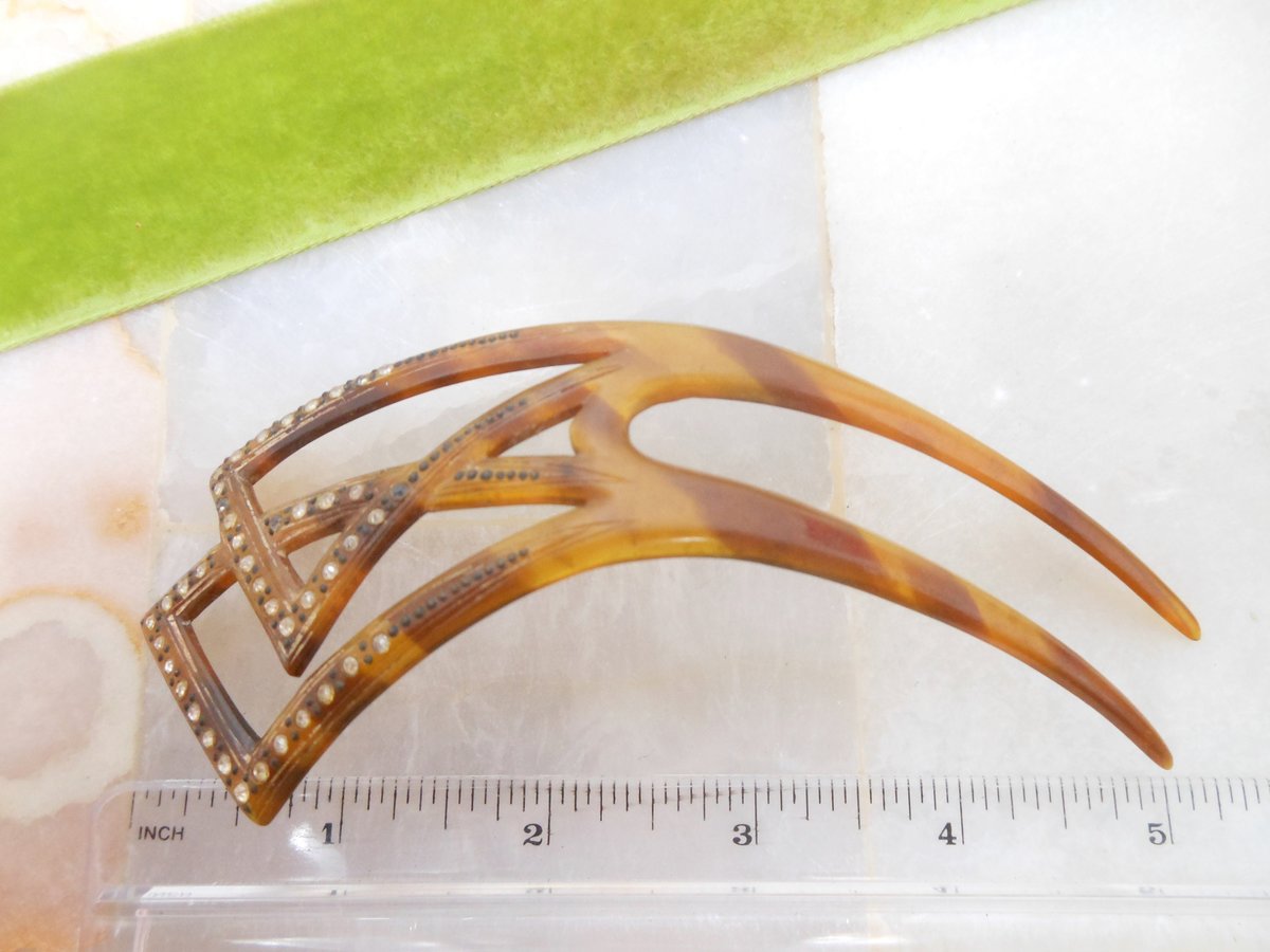 Vintage Art Deco Nouveau Hair Comb Rhinestone Celluloid Bakelite ERA Pave Crystal Plastic Mid Century Jewelry, VivianJoel.com