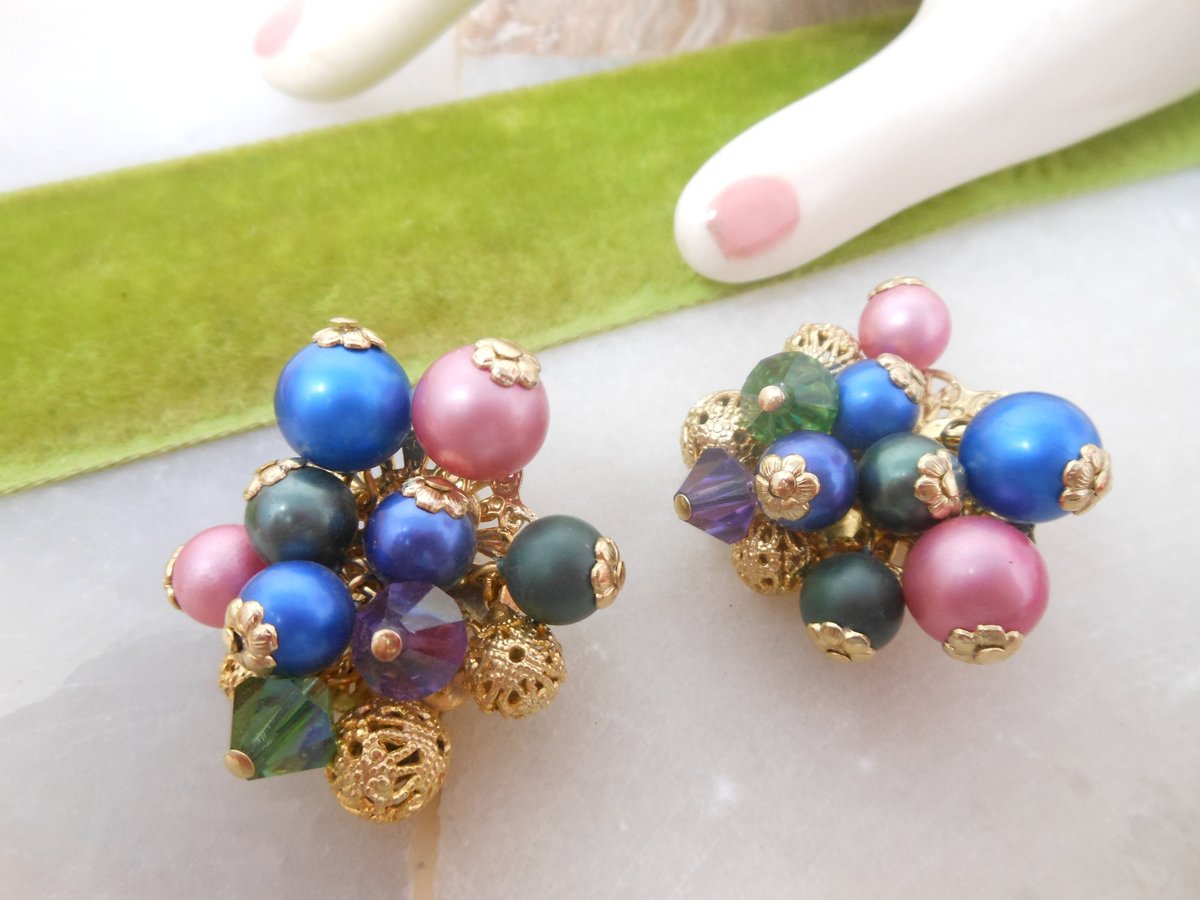 Vintage Cha Cha Bead Earrings PAT PEND Crystal Clip On Dangle Party Glam Designer Mid Century Jewelry Gift, VivianJoel.com