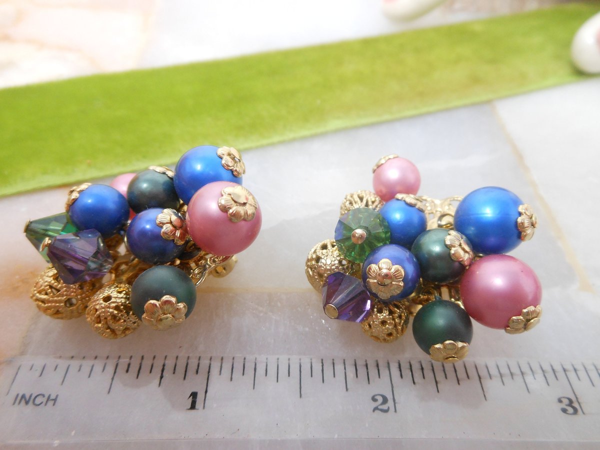 Vintage Cha Cha Bead Earrings PAT PEND Crystal Clip On Dangle Party Glam Designer Mid Century Jewelry Gift, VivianJoel.com