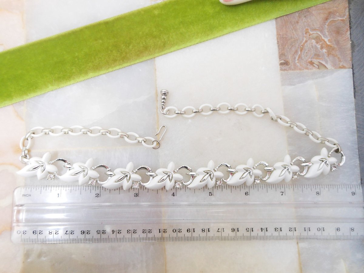 Vintage STAR Necklace Brooch Set White Lucite Plastic Thermoset Rhinestone Pin Up Retro Designer Jewelry Mid Century, VivianJoel.com